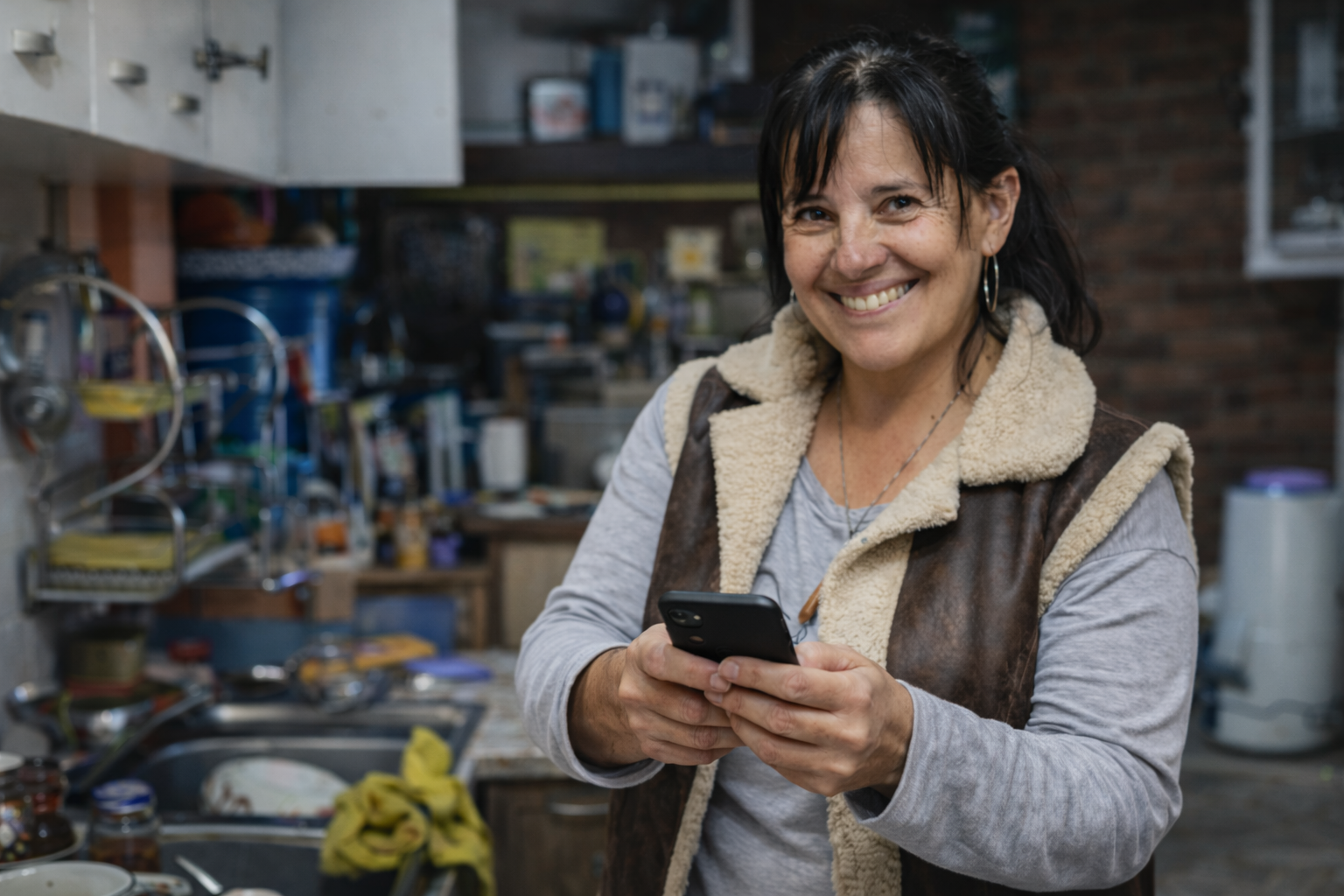 Mujer argentina sonriendo con su celular